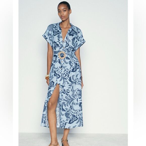 Zara Linen Blend Printed Shirtdress - Picture 1 of 5